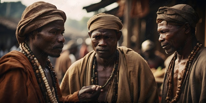 Two men wearing brown clothing and head wraps