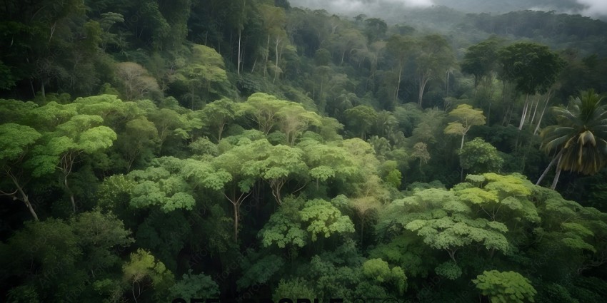 A dense forest with a misty sky