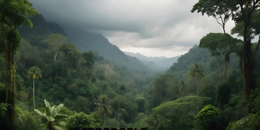 A view of a lush green valley with a cloudy sky