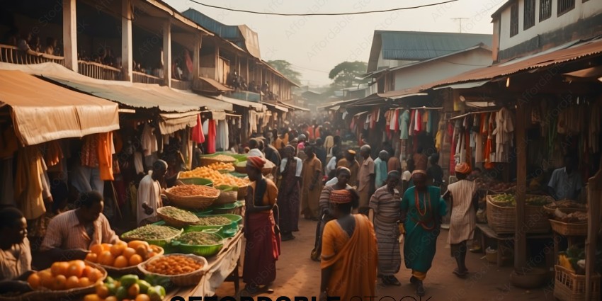 Crowded market with people shopping for food
