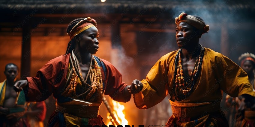 Two African Tribal Members Holding Hands in Front of Fire