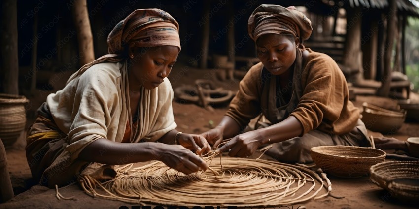 Two women weaving baskets