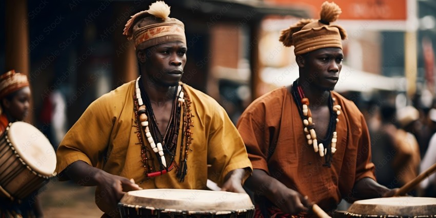 Two African drummers wearing traditional clothing