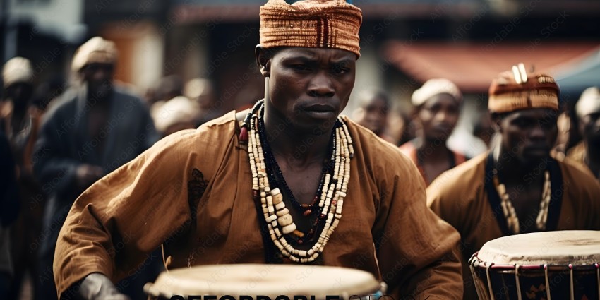 A man wearing a brown shirt and a head wrap plays a drum