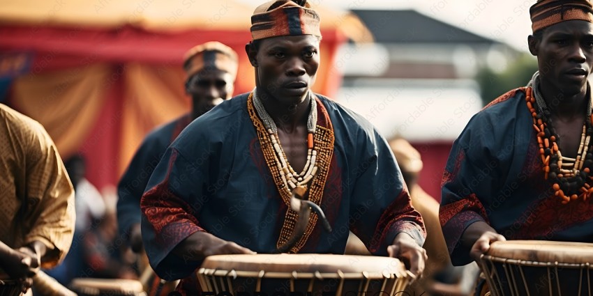 African drummer in blue and gold clothing