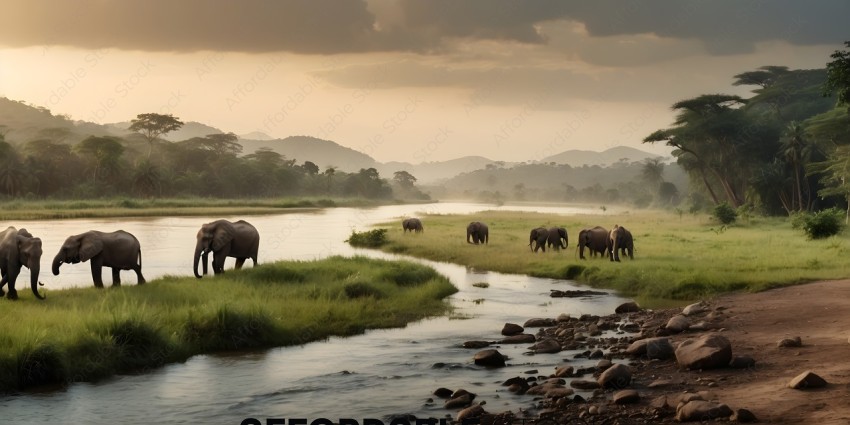 Elephants in a river with mountains in the background