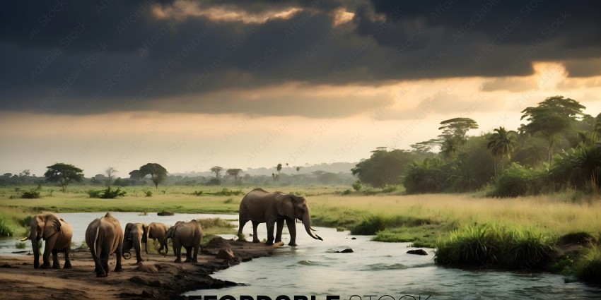 Elephants drinking water from a river