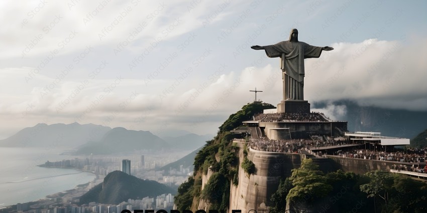A statue of Jesus Christ on a mountain overlooking a city