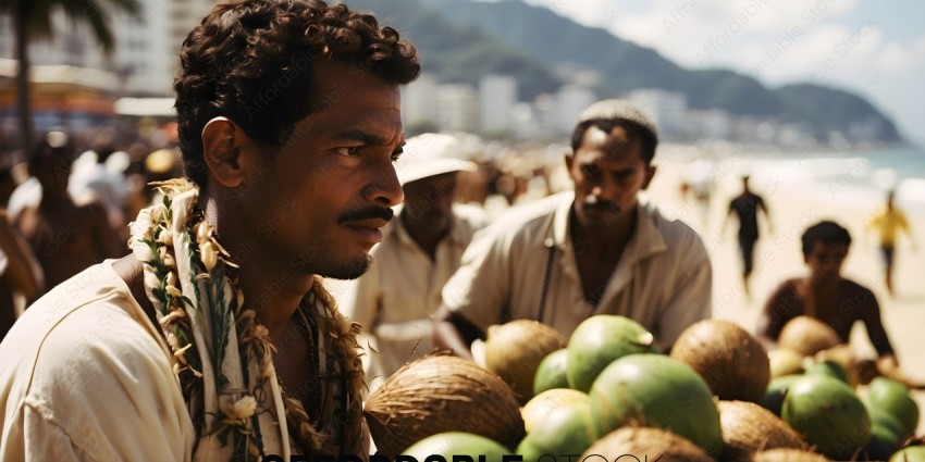 Man with a hat and a beard holding coconuts