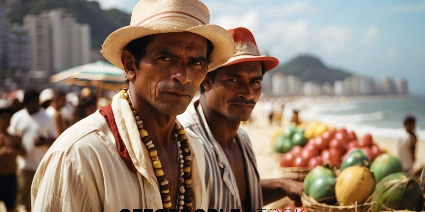 Two men wearing hats and standing in front of a fruit stand