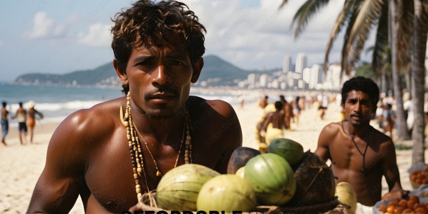 Man with bracelets and necklaces holding coconuts