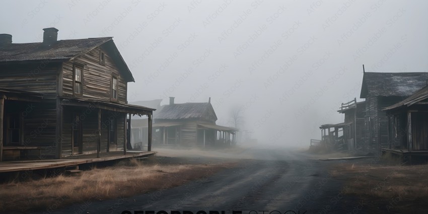 A foggy country road with old houses