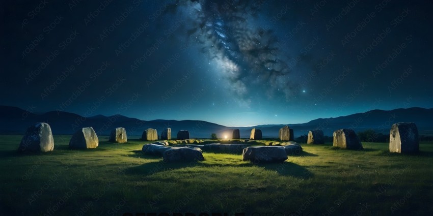 A group of rocks in a field at night with a star in the sky