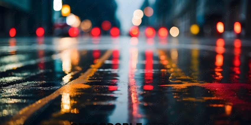 A Rainy Road with Red Lights