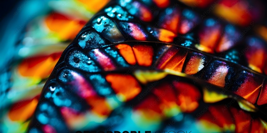 A close up of a butterfly wing with a rainbow of colors
