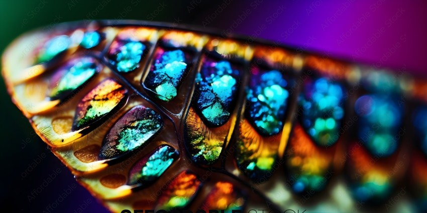 A close up of a butterfly wing with a rainbow of colors