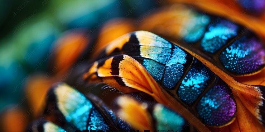 A close up of a butterfly wing with blue and orange spots