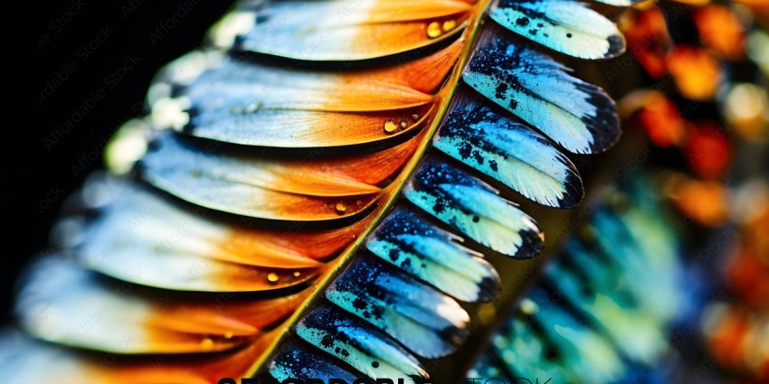 A close up of a colorful feather with drops of water on it