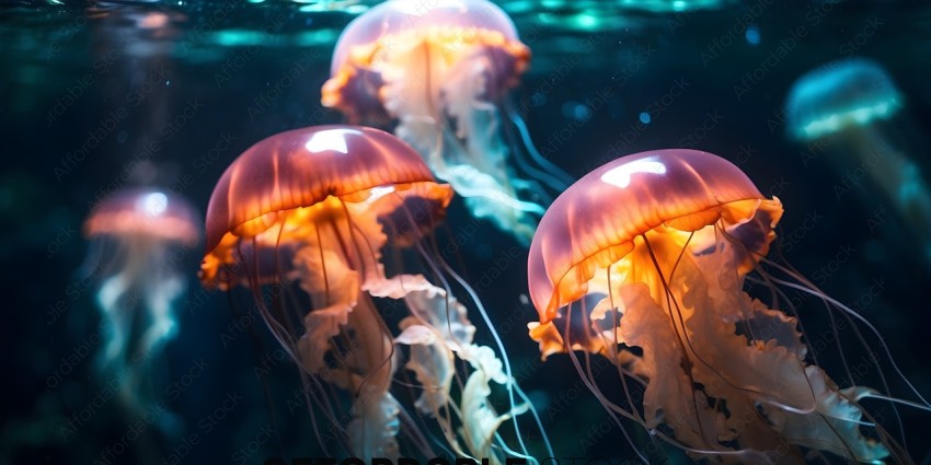 A group of four jellyfish in the ocean