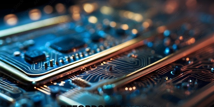 A close up of a circuit board with a gold and blue color scheme