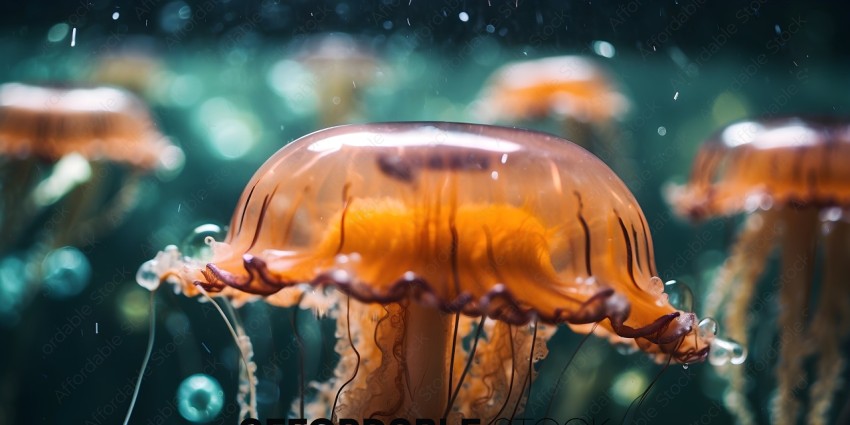 A close up of a jellyfish with a brown and yellow body