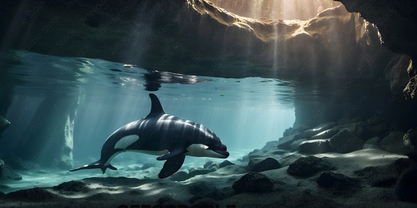 A black and white dolphin swims underwater