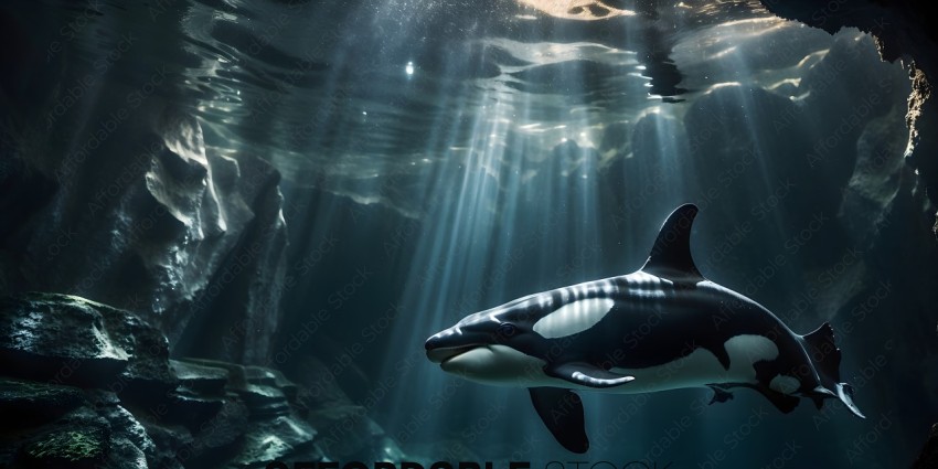 A black and white killer whale swims underwater