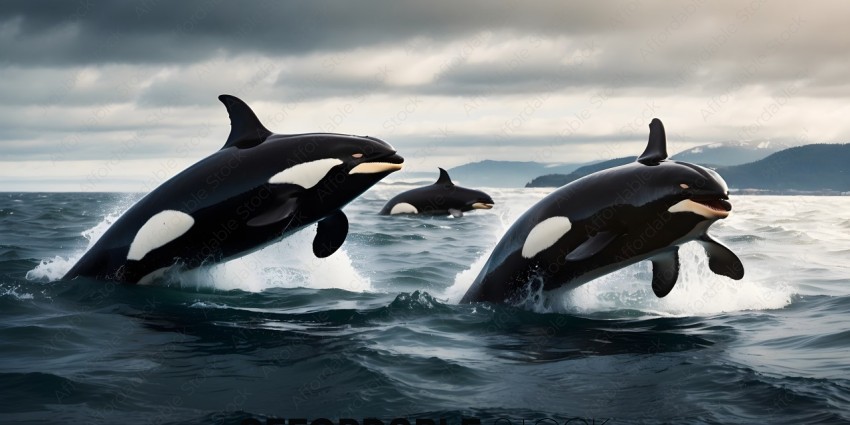 Three black and white whales in the ocean