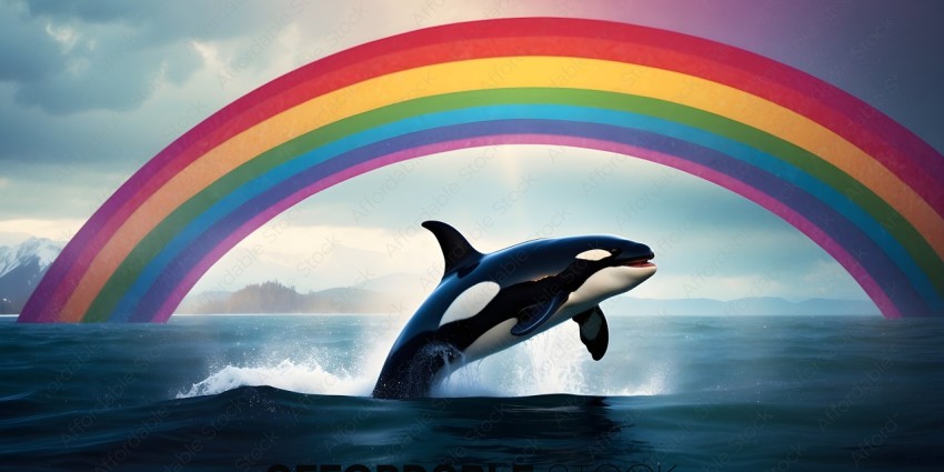A whale leaps out of the water with a rainbow in the background