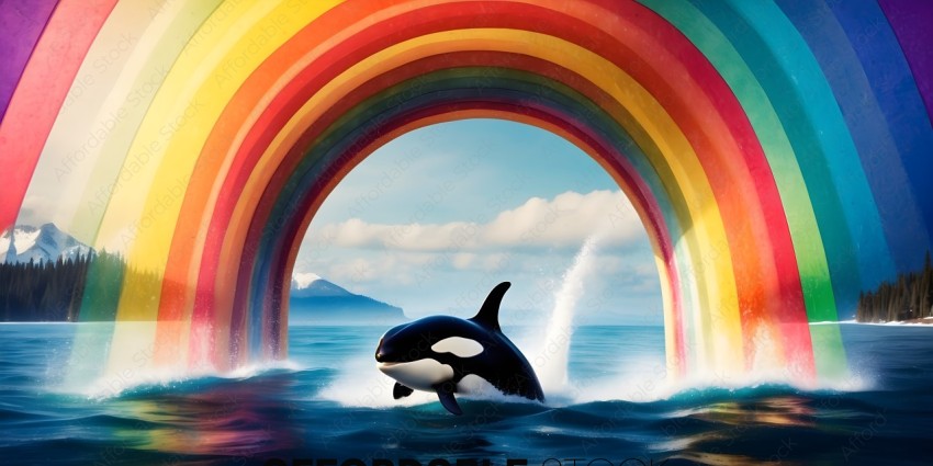 A whale swims through a rainbow arch