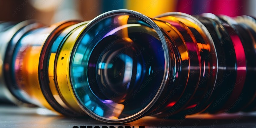 A close up of a camera lens with a rainbow of colors