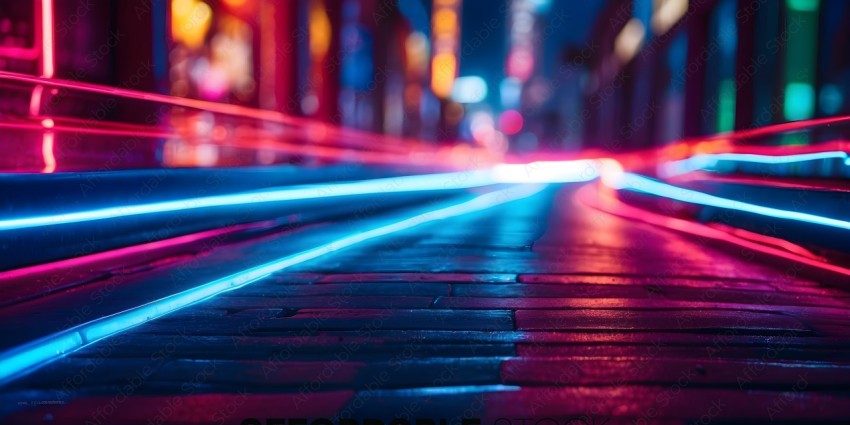 A neon lit street at night