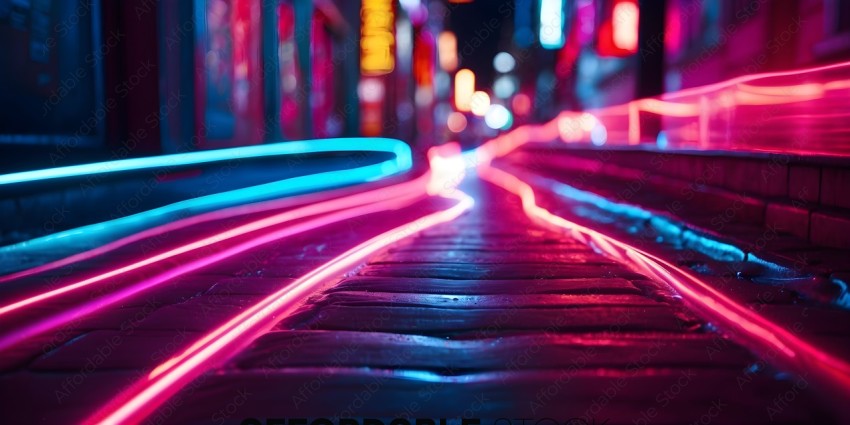 A neon lit street at night