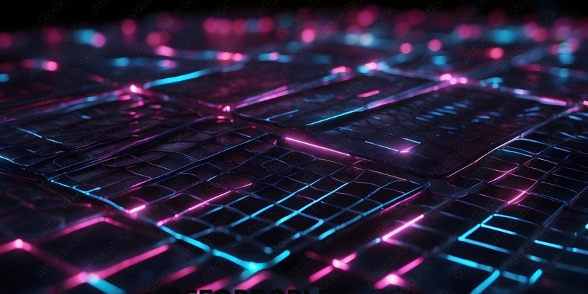 A colorful, glowing pattern of blue, pink, and purple lights