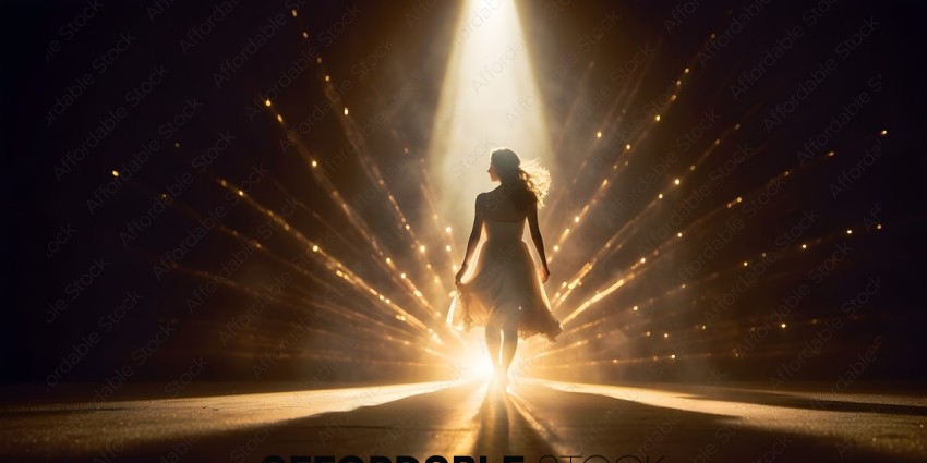 A woman in a white dress walks through a beam of light