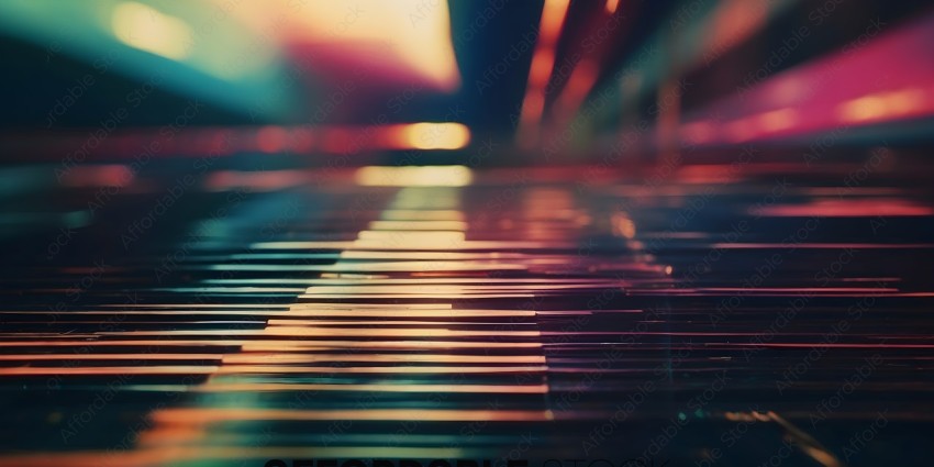 A colorful piano keyboard with a sunset in the background