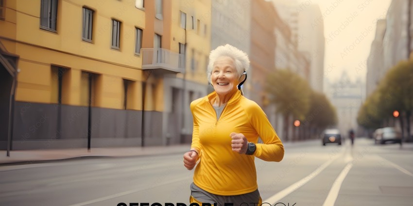 Woman jogging down the street wearing a yellow jacket