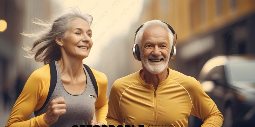 A man and woman jogging wearing headphones
