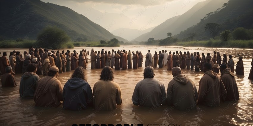 A group of people standing in a river