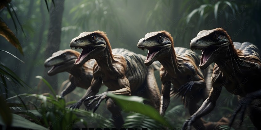 Three dinosaurs with mouths open in a jungle