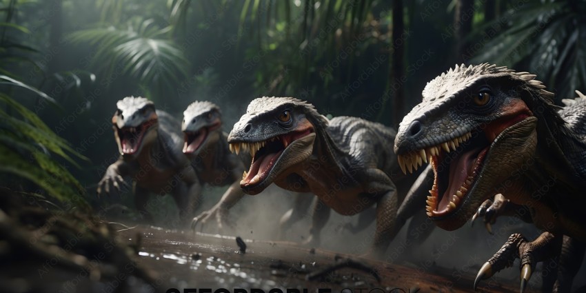 Dinosaurs running through the jungle