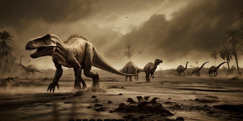 Dinosaurs walking in the desert