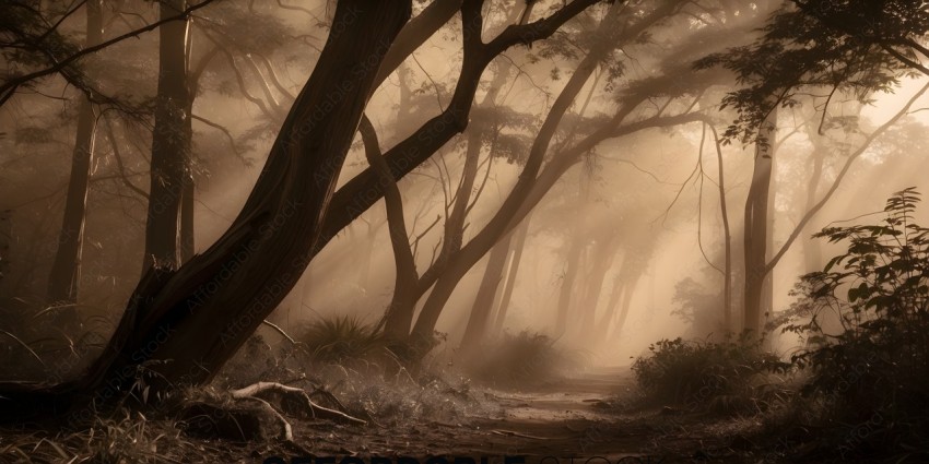 A forest path with trees and a misty atmosphere