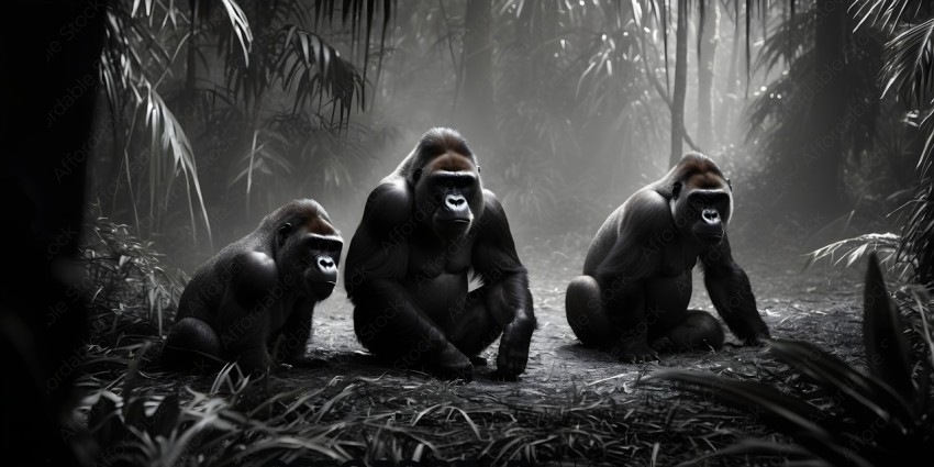 Three gorillas sitting in the jungle