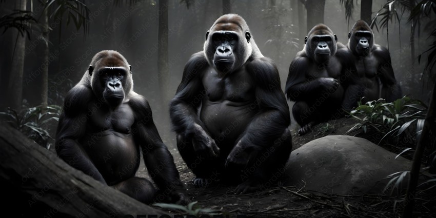 Three gorillas sitting in the woods