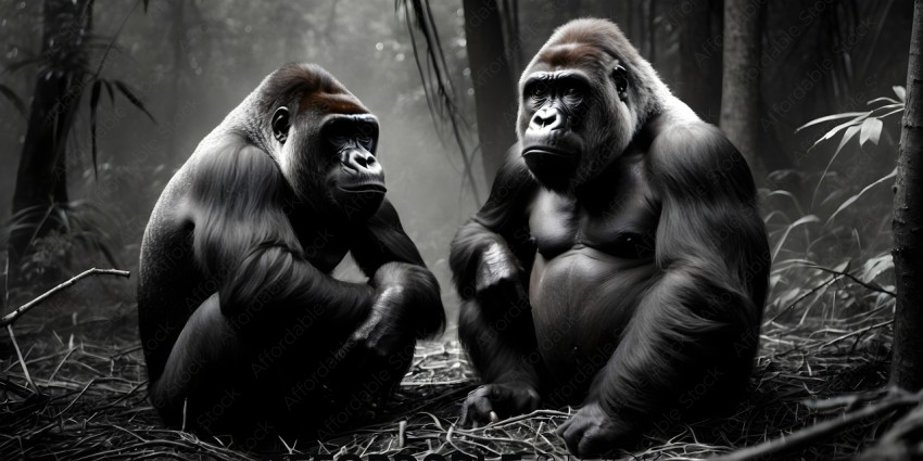 Two gorillas sitting in the woods