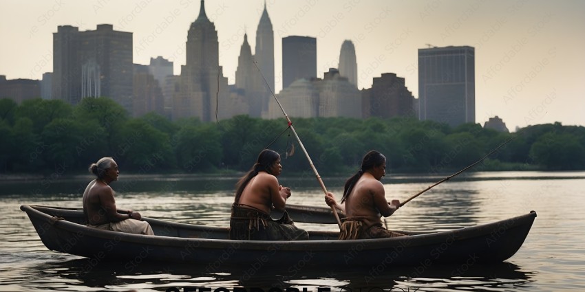 Three Native American men in a canoe on a river with a city skyline in the background