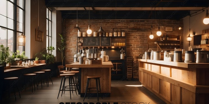 A restaurant with a wooden counter and brick walls