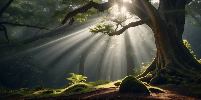 A sunlit forest with mossy ground and ferns
