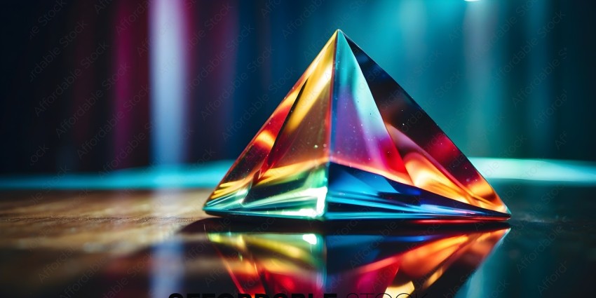 A colorful, reflective, three-sided pyramid